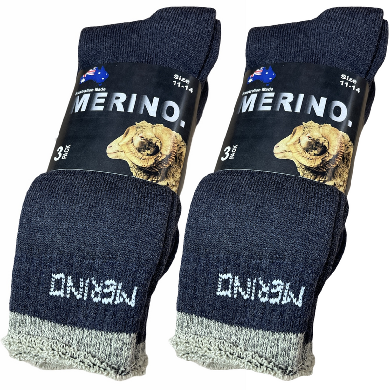 6 Pairs MERINO WOOL SOCKS Mens Heavy Duty Premium Thick Work Socks Cushion BULK - Navy Blue - 11-14
