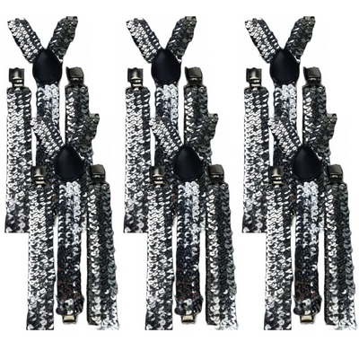 6x Mens Suspenders Braces Adjustable Strong Clip On Elastic Formal Wedding BULK - Silver (Sequin)