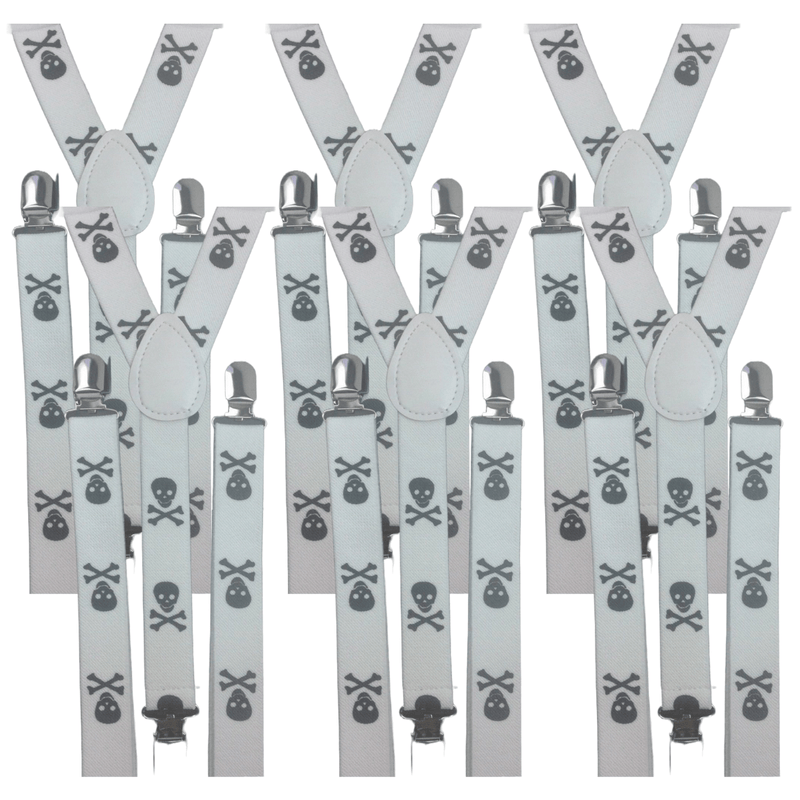 6x Mens Suspenders Braces Adjustable Strong Clip On Elastic Formal Wedding BULK - White with Black Skulls