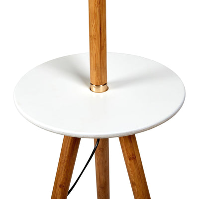 165cm Adjustable Bamboo Tripod Floor Lamp Light with Linen Shade & Built-In Table