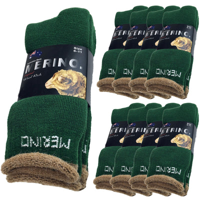 9 Pairs MERINO WOOL SOCKS Mens Heavy Duty Premium Thick Work Socks Cushion BULK - Green - 11-14