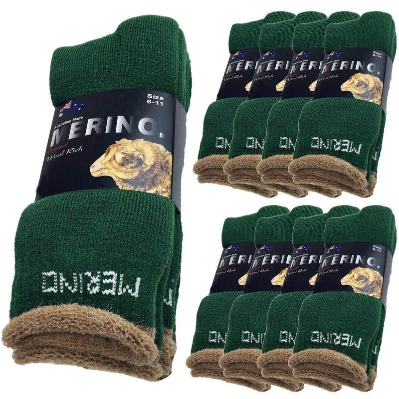 9 Pairs MERINO WOOL SOCKS Mens Heavy Duty Premium Thick Work Socks Cushion BULK - Green - 11-14