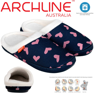 ARCHLINE Orthotic Slippers Slip On Scuffs Pain Relief Moccasins - Navy with Hearts - EUR 37 (Womens US 6)