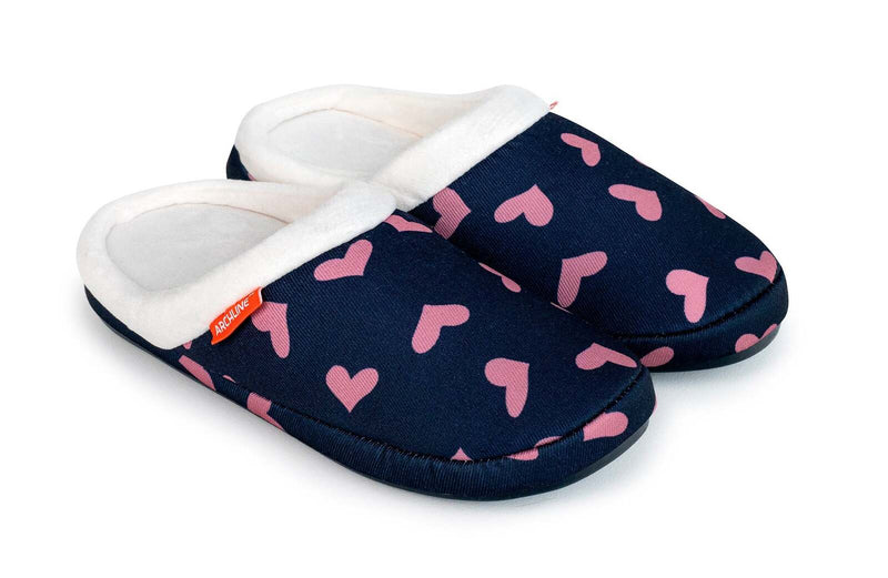 ARCHLINE Orthotic Slippers Slip On Scuffs Pain Relief Moccasins - Navy with Hearts - EUR 41 (Womens US 10)