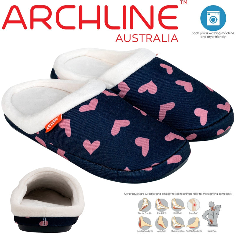 ARCHLINE Orthotic Slippers Slip On Scuffs Pain Relief Moccasins - Navy with Hearts - EUR 42 (Womens US 11)