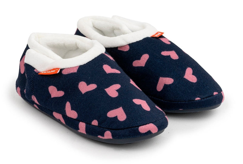 ARCHLINE Orthotic Slippers CLOSED Arch Scuffs Moccasins Pain Relief in Navy Hearts - EUR35