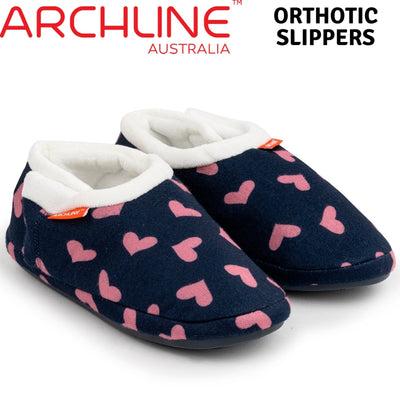 ARCHLINE Orthotic Slippers CLOSED Arch Scuffs Moccasins Pain Relief in Navy Hearts - EUR35