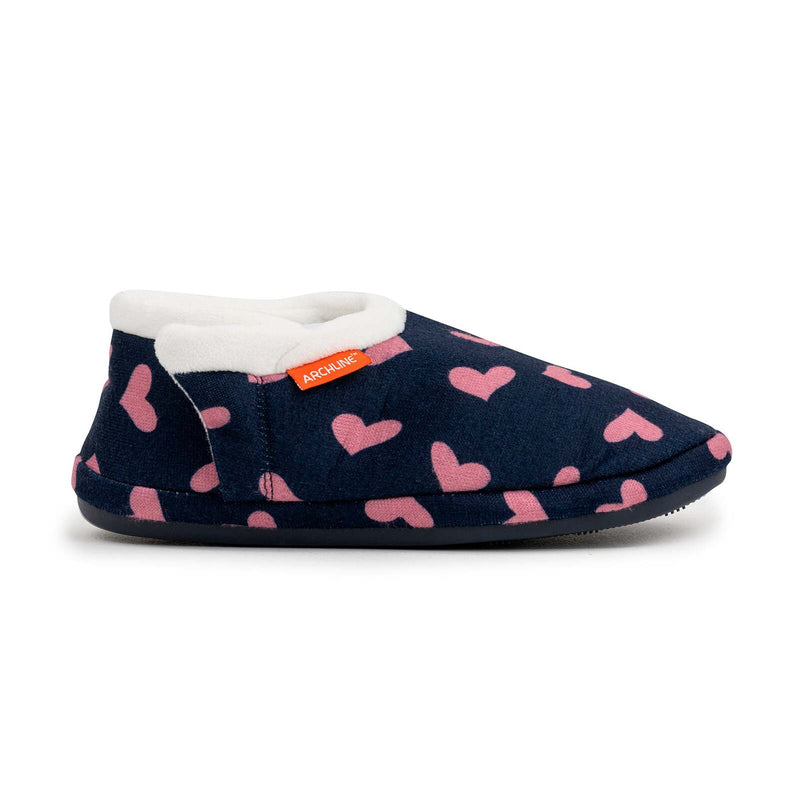 ARCHLINE Orthotic Slippers CLOSED Arch Scuffs Moccasins Pain Relief in Navy Hearts - EUR36