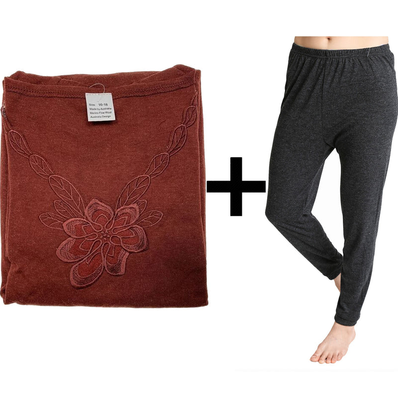 2pcs Set Womens Merino Wool Blend Pants & Top Underwear Leggings Thermal Thermals - Burgundy Top & Black Pants - 14-16