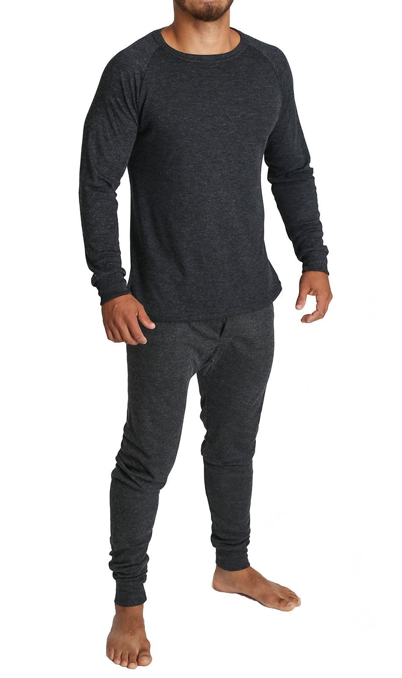 2pcs Set Mens Merino Wool Blend Long Sleeve Thermal Top & Long Johns Pants Underwear - Black - M