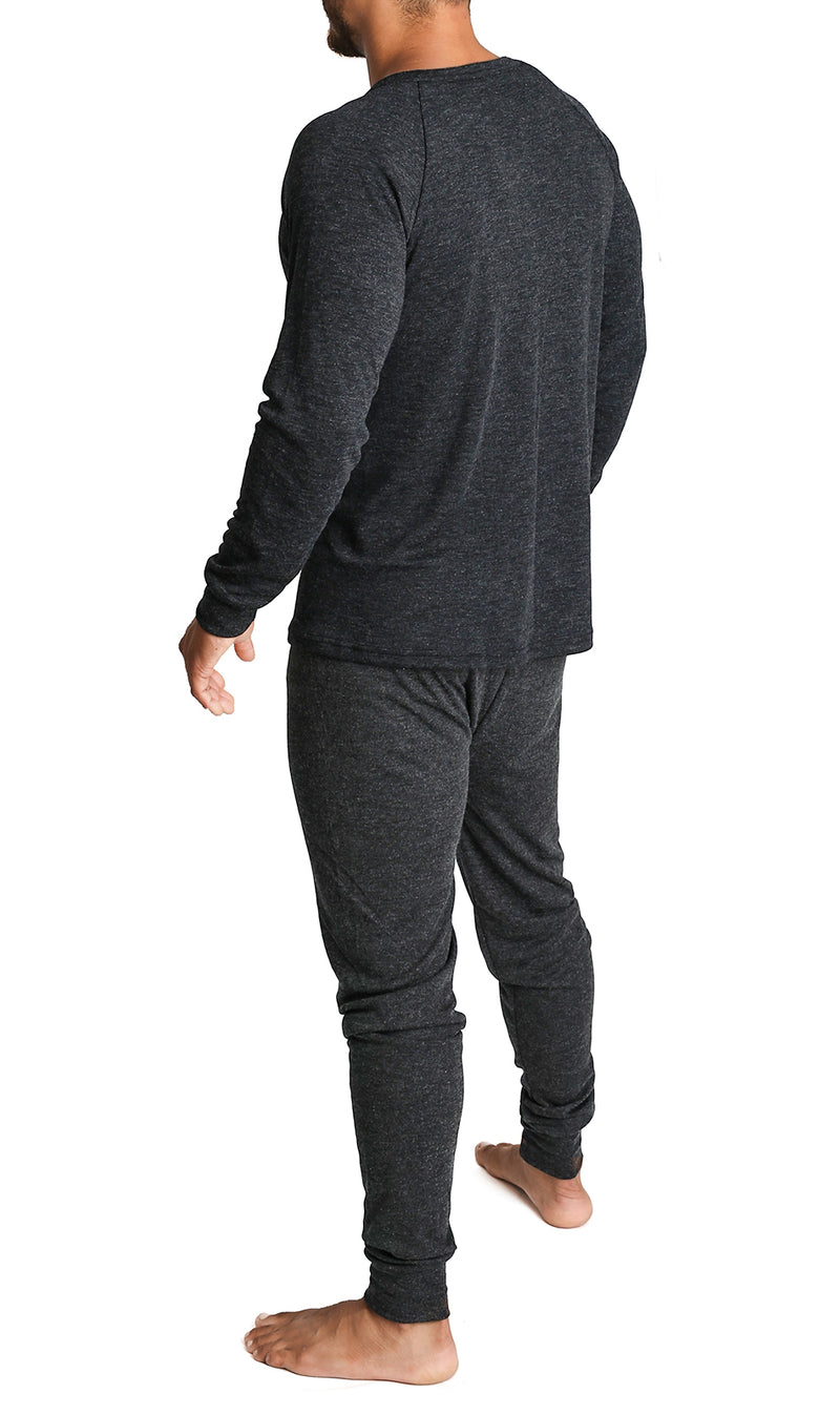 2pcs Set Mens Merino Wool Blend Long Sleeve Thermal Top & Long Johns Pants Underwear - Black - S