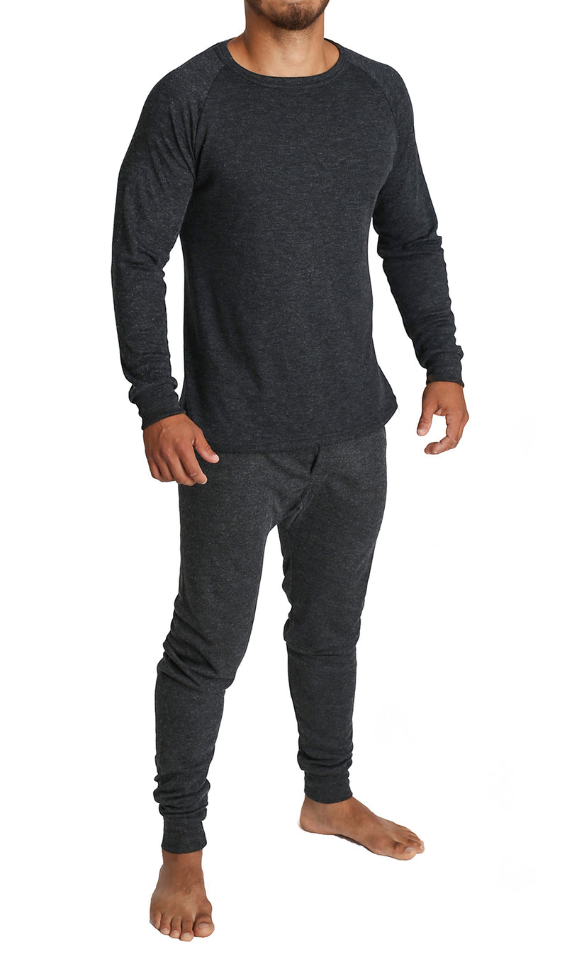 2pcs Set Mens Merino Wool Blend Long Sleeve Thermal Top & Long Johns Pants Underwear - Black - XXL