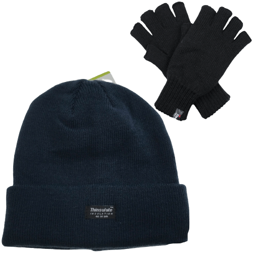 2pcs Set Mens 3M Thinsulate Pull-On Beanie + Knitted Fingerless Gloves