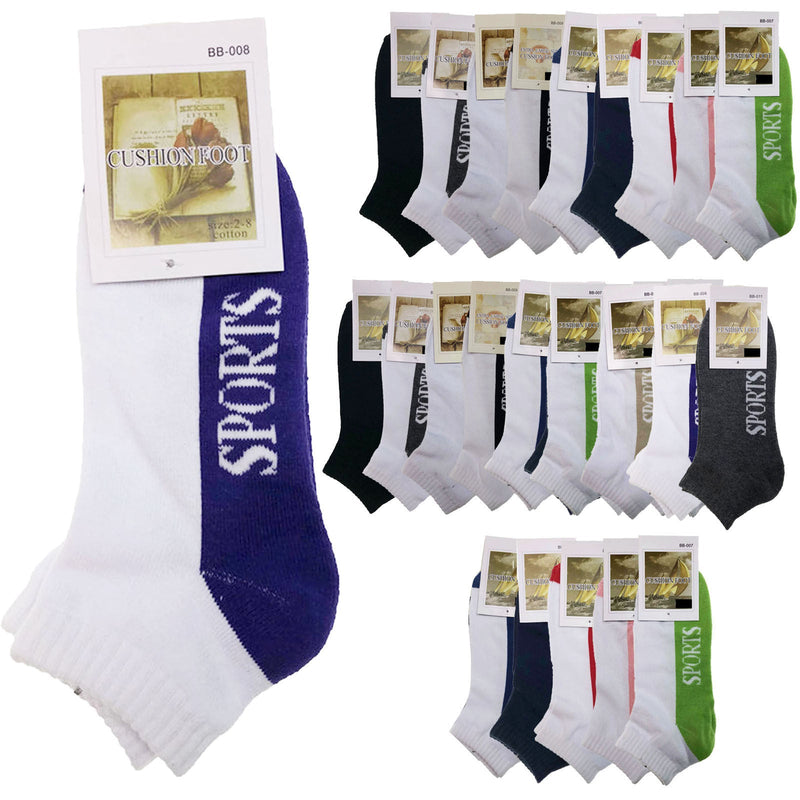 24x COTTON ANKLE SOCKS Sport Cushion Foot Low Cut Running - Assorted Colours Bulk - 11-14