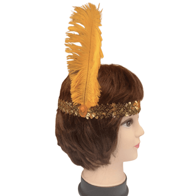 3x 1920s FLAPPER HEADBAND Headpiece Feather Sequin Charleston Costume Gatsby - Gold/Orange