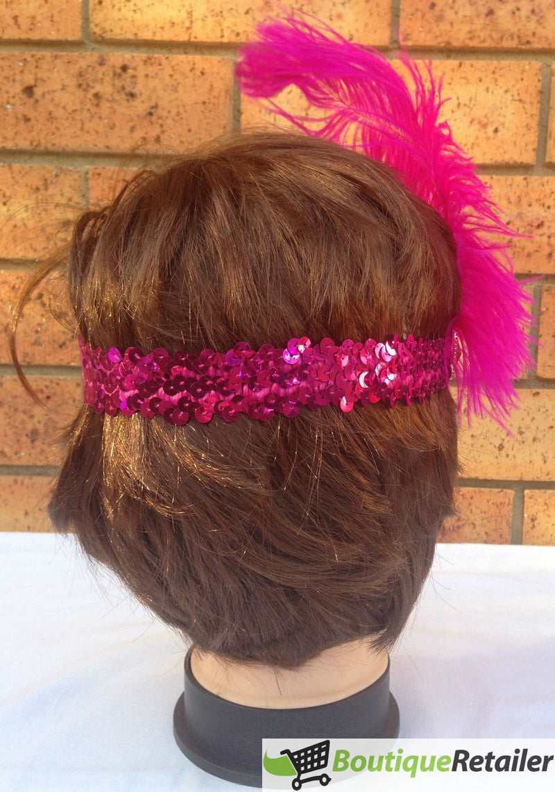 3x 1920s FLAPPER HEADBAND Headpiece Feather Sequin Charleston Costume Gatsby - Hot Pink