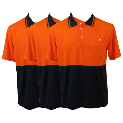 3x HI VIS Polo Shirt Top Tee Safety Workwear Short Sleeve Breathable Mesh BULK - Orange/Navy - L (18)