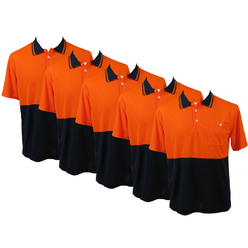 5x HI VIS Polo Shirt Top Tee Safety Workwear Short Sleeve Breathable Mesh BULK - Orange/Navy - L (18)