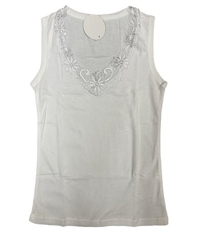 Ladies Sleeveless Singlet Top Womens Summer Basic Tank Shirt Lace Motif Front - Natural - 18-20