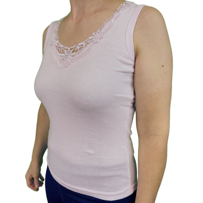 Ladies Sleeveless Singlet Top Womens Summer Basic Tank Shirt Lace Motif Front - Pink - 12-14