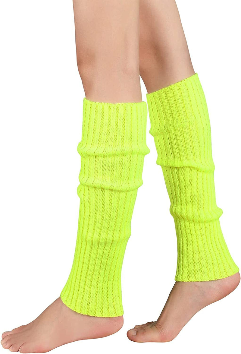 Pair of Womens Leg Warmers Disco Winter Knit Dance Party Crochet Legging Socks Costume - Fluro Yellow