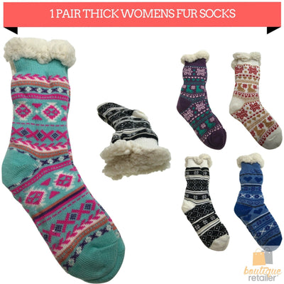 1 Pair Ladies Thick Fur Bed Socks Womens Soft Work Fluffy Slipper Non Slip - One Size