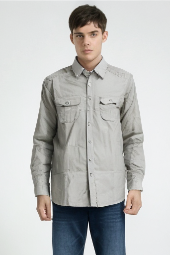 Mens Plain Slim 100% Cotton Long Sleeve Shirt Button Up Stylish Business Casual - Grey - S