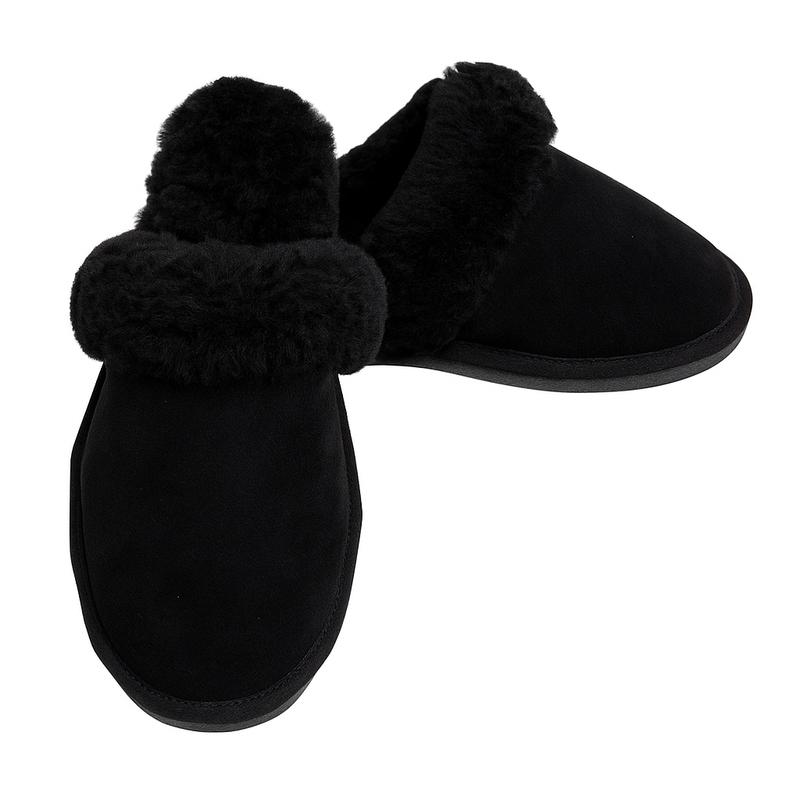 100% Sheepskin Moccasin Slippers Winter Genuine Scuffs Slip On Mens Womens - Black (with fur) - 10