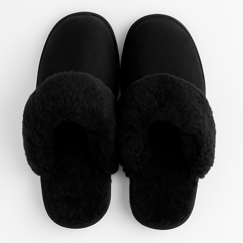100% Sheepskin Moccasin Slippers Winter Genuine Scuffs Slip On Mens Womens - Black (with fur) - 9