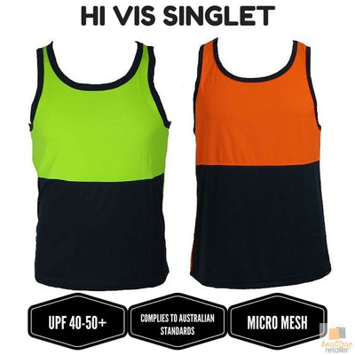 Hi Vis SINGLET Work Wear Safety Tank Top Fluro Micro Mesh UPF50+ High Visibility - Lime - Large