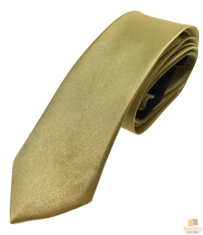 Mens SKINNY TIE Plain Wedding Slim Necktie Formal Casual Narrow Party - Gold