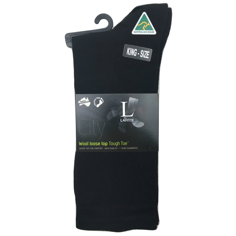 AUSTRALIAN MADE Wool Loose Top Socks Wide Top Comfort High Quality Tough Toe - Black - 6-10