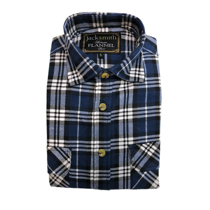 Mens Flannelette Shirt 100% Cotton Check Authentic Flannel Long Sleeve Vintage - Navy Check - S