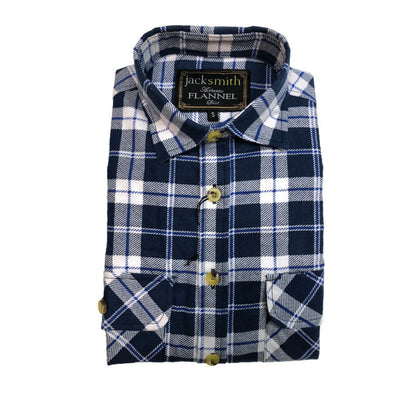 Mens Flannelette Shirt 100% Cotton Check Authentic Flannel Long Sleeve Vintage - Navy Check - S