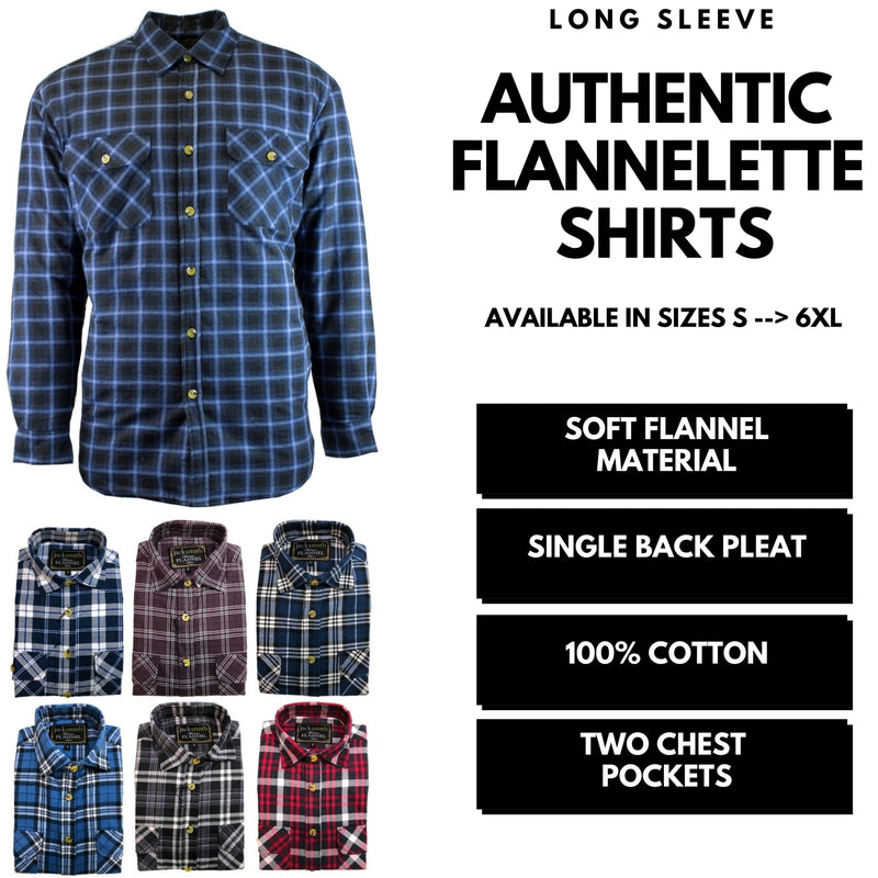 Mens Flannelette Shirt 100% Cotton Check Authentic Flannel Long Sleeve Vintage - White/Blue Denim - S