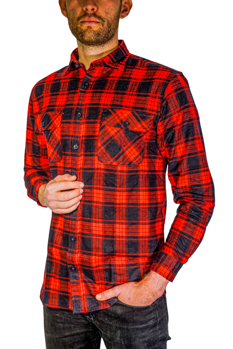 Mens Flannelette Long Sleeve Shirt 100% Cotton Check Authentic Flannel - Full Placket - Red - XL