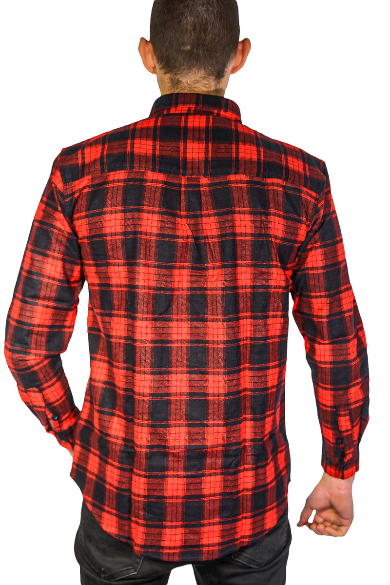 Mens Flannelette Long Sleeve Shirt 100% Cotton Check Authentic Flannel - Full Placket - Red - XL
