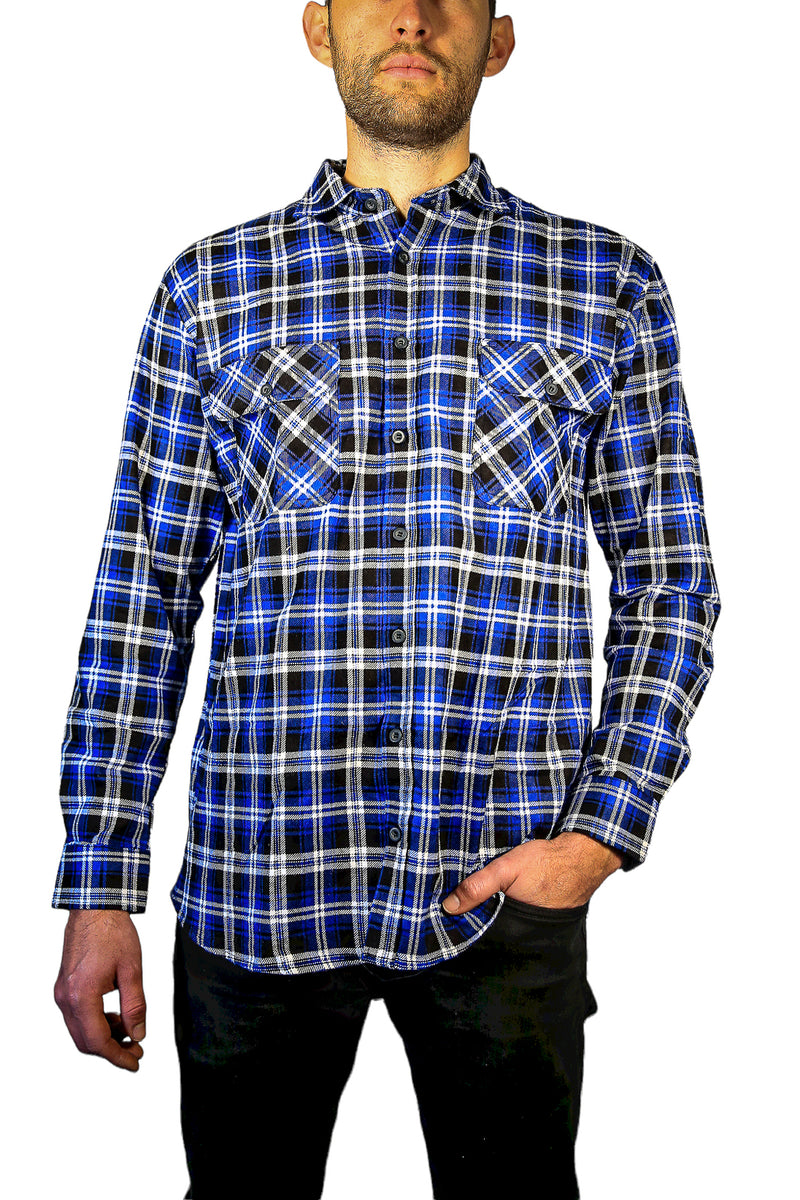 Mens 100% Cotton Flannelette Shirt Long Sleeve Check Authentic Flannel - Denim - XXL