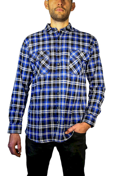 Mens 100% Cotton Flannelette Shirt Long Sleeve Check Authentic Flannel - Denim - 5XL
