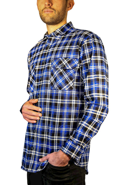 Mens 100% Cotton Flannelette Shirt Long Sleeve Check Authentic Flannel - Denim - L