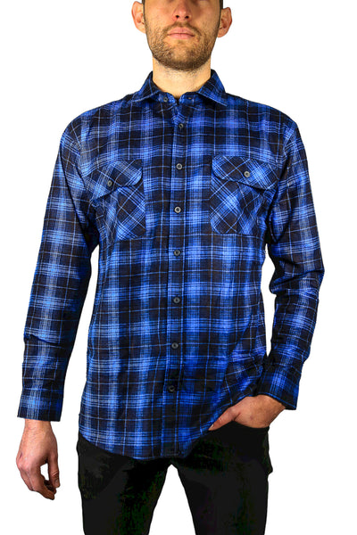 Mens 100% Cotton Flannelette Shirt Long Sleeve Check Authentic Flannel - Blue - 3XL