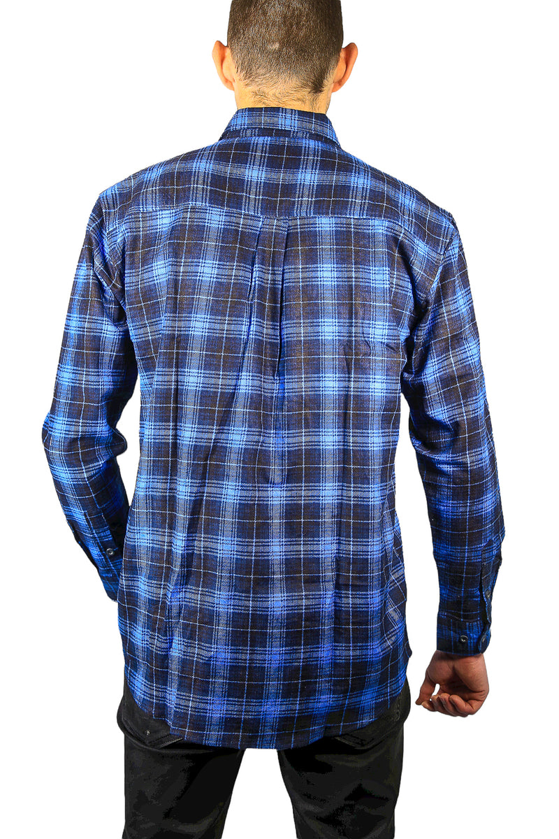 Mens 100% Cotton Flannelette Shirt Long Sleeve Check Authentic Flannel - Blue - 3XL