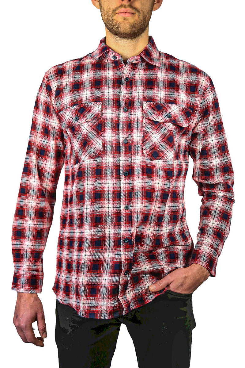 Mens 100% Cotton Flannelette Shirt Long Sleeve Check Authentic Flannel - Red/Navy - 4XL