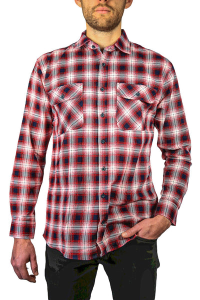 Mens 100% Cotton Flannelette Shirt Long Sleeve Check Authentic Flannel - Red/Navy - 5XL