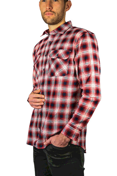 Mens 100% Cotton Flannelette Shirt Long Sleeve Check Authentic Flannel - Red/Navy - 5XL