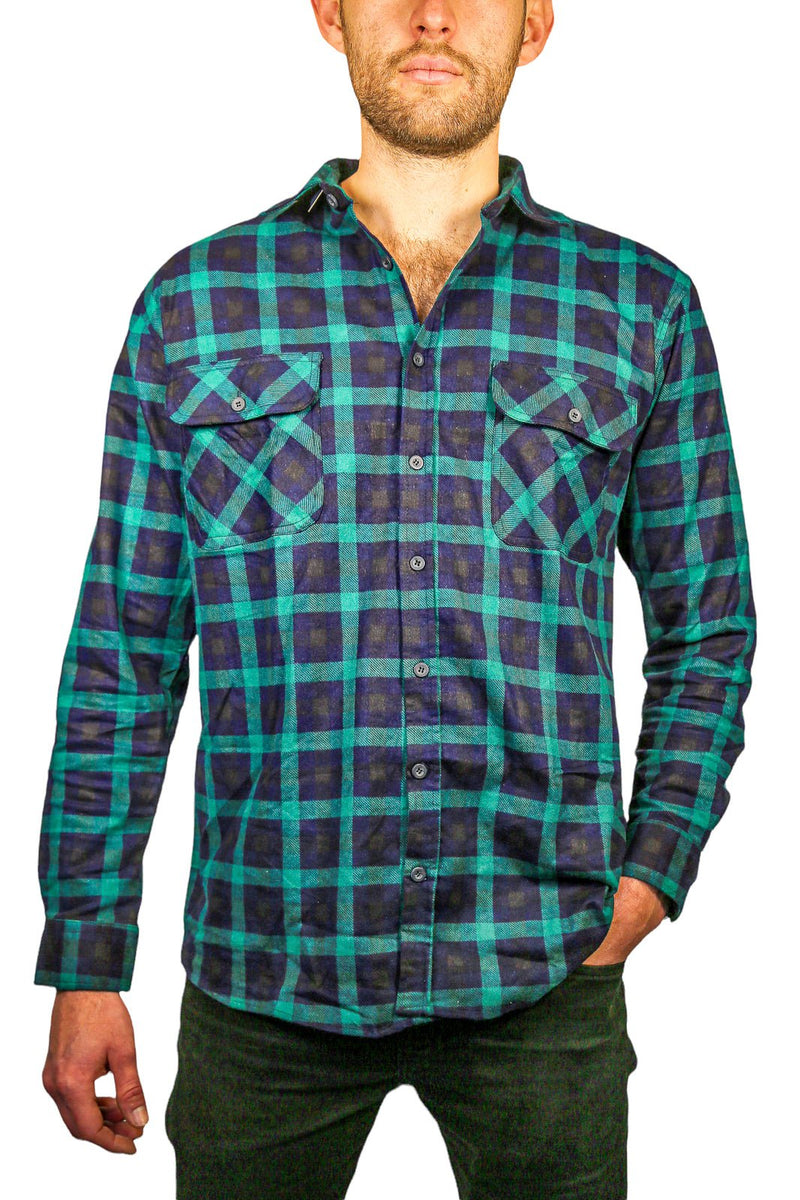 Mens 100% Cotton Flannelette Shirt Long Sleeve Check Authentic Flannel - Green/Navy - 4XL