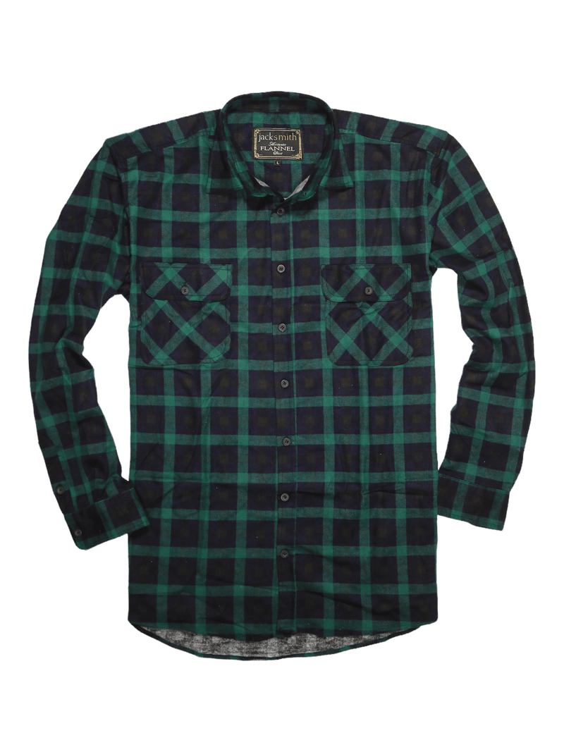 Mens 100% Cotton Flannelette Shirt Long Sleeve Check Authentic Flannel - Green/Navy - 4XL