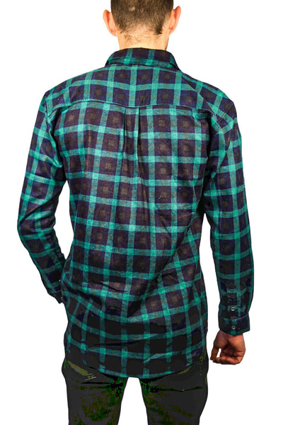 Mens 100% Cotton Flannelette Shirt Long Sleeve Check Authentic Flannel - Green/Navy - 5XL