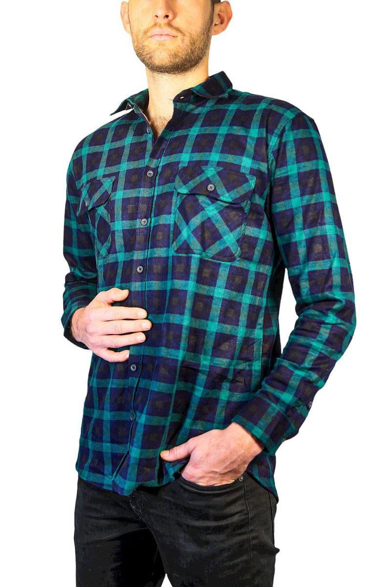 Mens 100% Cotton Flannelette Shirt Long Sleeve Check Authentic Flannel - Green/Navy - 5XL
