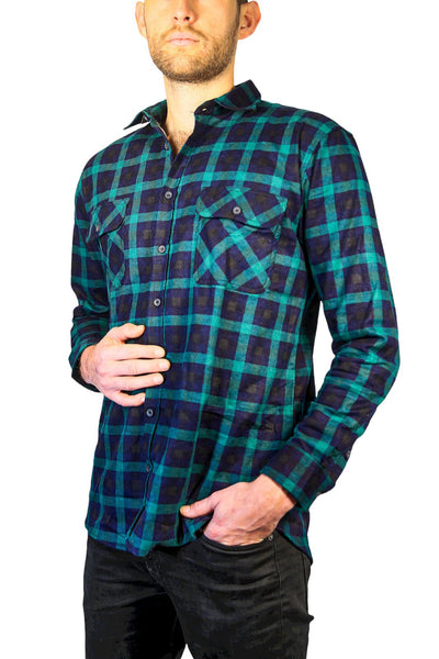 Mens 100% Cotton Flannelette Shirt Long Sleeve Check Authentic Flannel - Green/Navy - 6XL